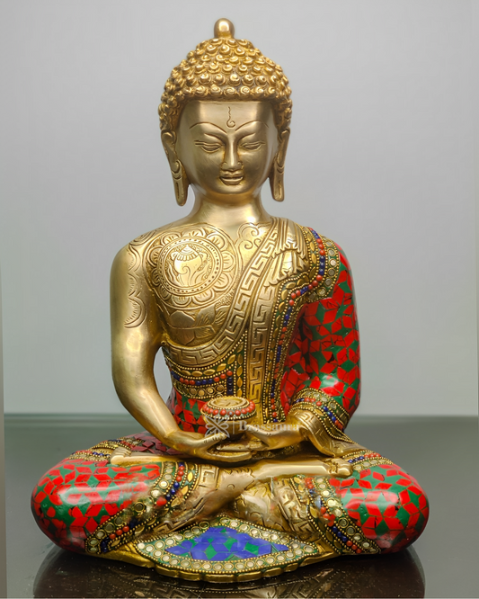 Brassaura™ Brass Meditating Buddha Statue in Dhyaan Mudra – Height 12 Inches | Weight 6.5 Kgs | Meenakari Stonework