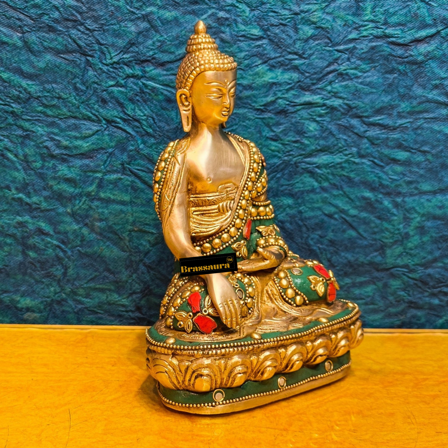 Brassaura™ Brass Buddha Statue in Bhoomisparsha Sakhyamuni Mudra – Height 7.5 Inches | Weight 1.7 Kgs | Stone & Brass Work