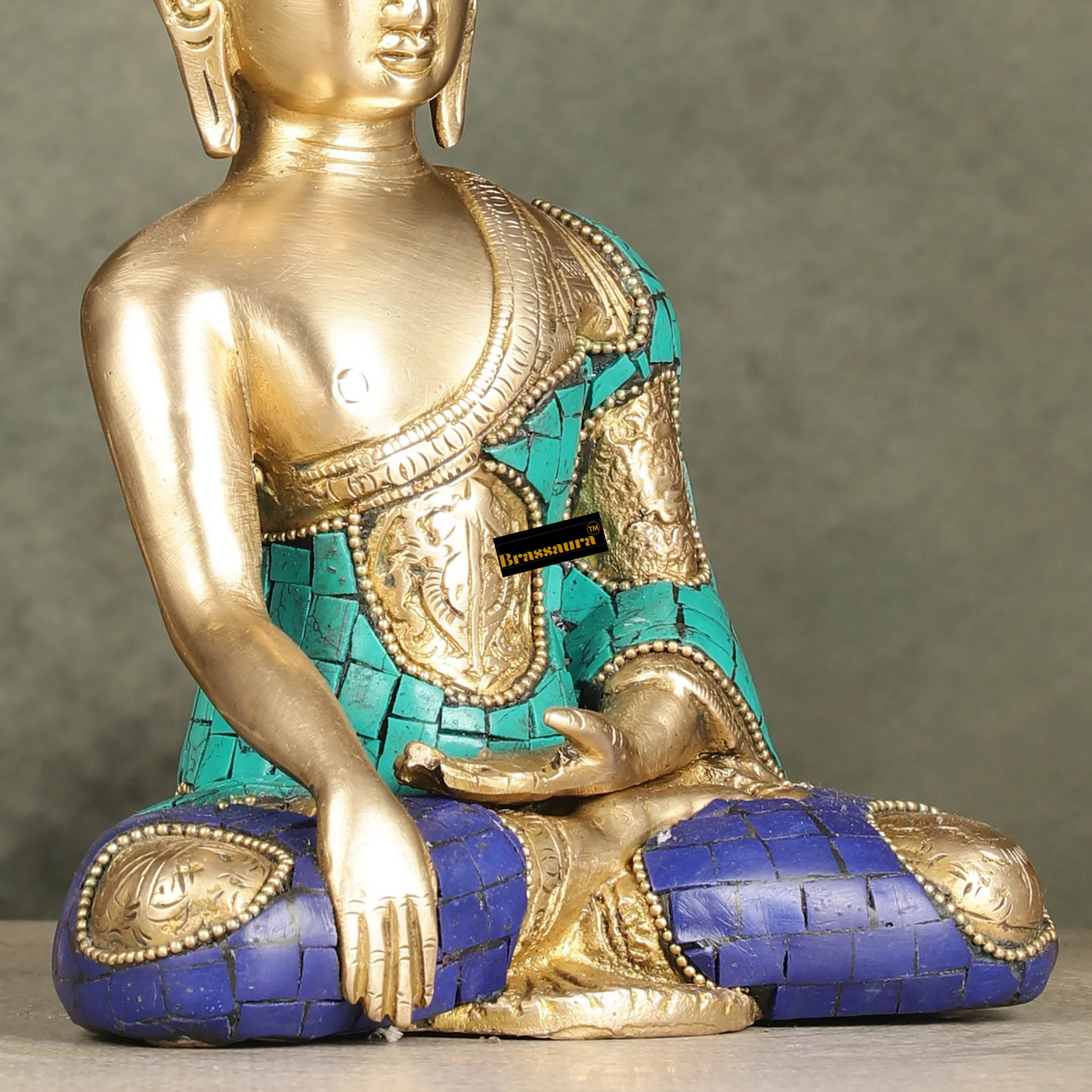 Brassaura™ Brass Buddha Statue with Intricate Stonework – Height 8 Inches & Weight 2 Kgs