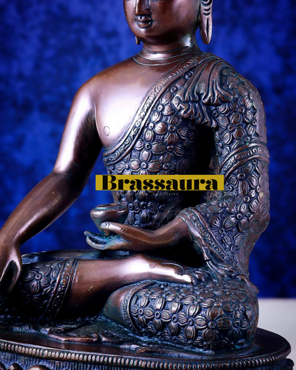 Brassaura™ Pure Brass Antique Medicine Buddha Statue – Height 13.5 Inches, Weight 6.8 Kgs