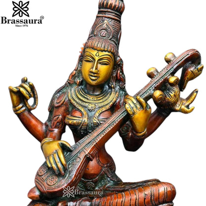 Brassaura™ Brass Saraswati Idol – Height 12 Inches & Weight 4.4 Kgs | Elegant Home & Temple Décor