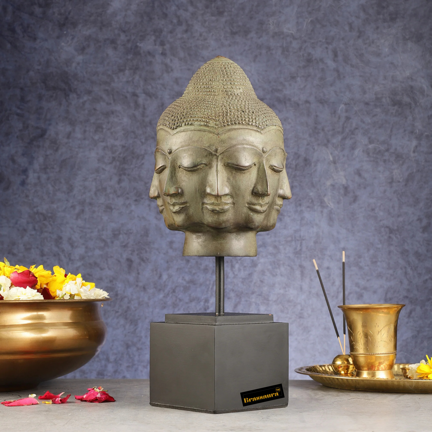 Brassaura™ Vintage Indonesian Bronze Buddha Bust Table Accent – Height 14.5 Inches, Weight 1.26 Kgs