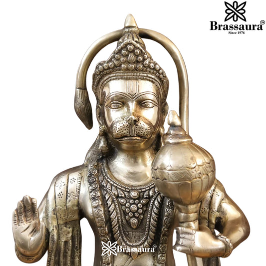 Brassaura® Hanuman Standing Abhaya Mudra Idol with Golden Finish | Pure Superfine Brass Handcrafted Murti | Brass Statue for Home Temple, Pooja Room | Height 26 Inches | Weight 13.44 Kgs