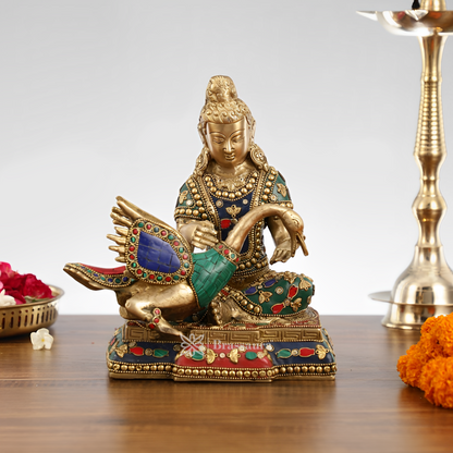 Brassaura™ Brass Buddha Healing the Swan Statue – Height 9 Inches | Weight 5 Kgs | Meenakari & Stonework