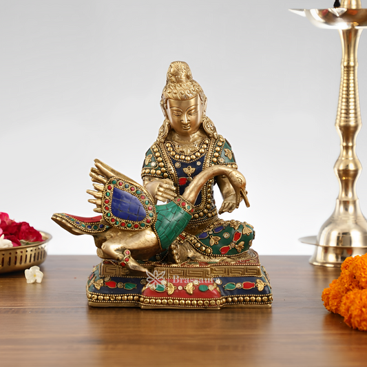 Brassaura™ Brass Buddha Healing the Swan Statue – Height 9 Inches | Weight 5 Kgs | Meenakari & Stonework