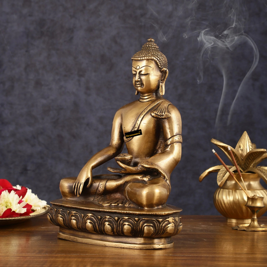 Brassaura™ Pure Brass Antique Tone Buddha Statue – Hand Down – Height 9.5 Inches, Weight 2.73 Kgs