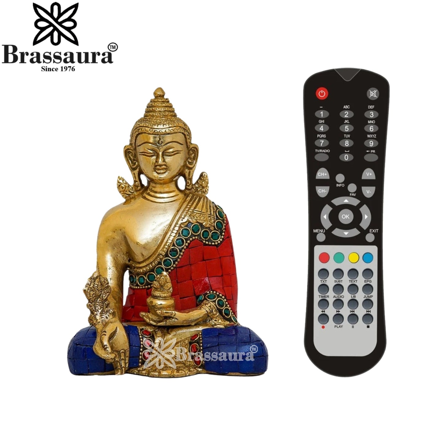 Brass Bhumisprasa Gem Stone Work Buddha Weight 1.1 kg & Height 6 Inch