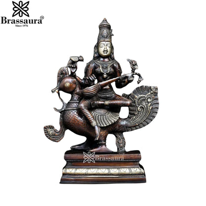 Brassaura™ Brass Saraswati Mata Murti – Height 19 Inches & Weight 15 Kgs | Puja & Worship Idol