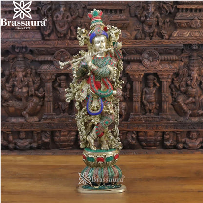 Brass Gem Stone Work Radha Krishna Murti Weight 32.34 Kg And Height 30 Inch