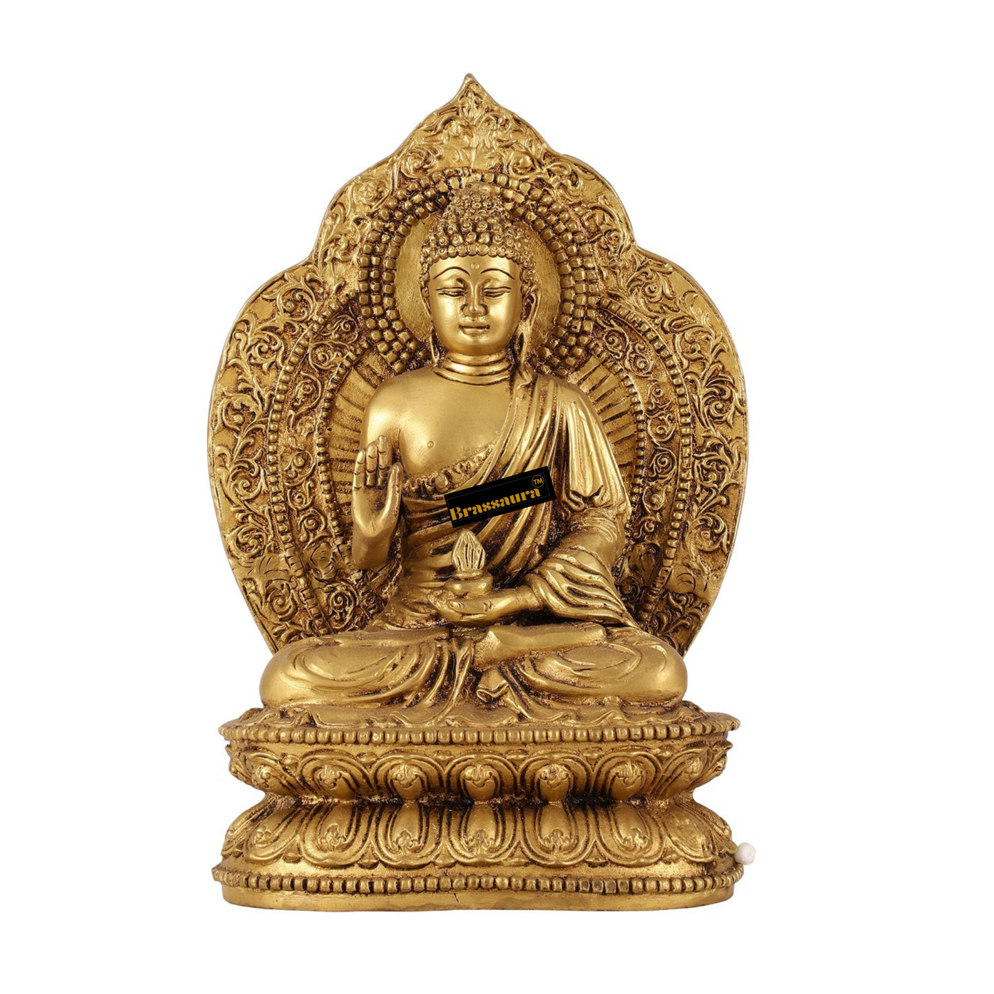 Brassaura™ Brass Standard Buddha Idol – Height 10.5 Inches | Weight 5.5 Kgs | Home & Spiritual Decor