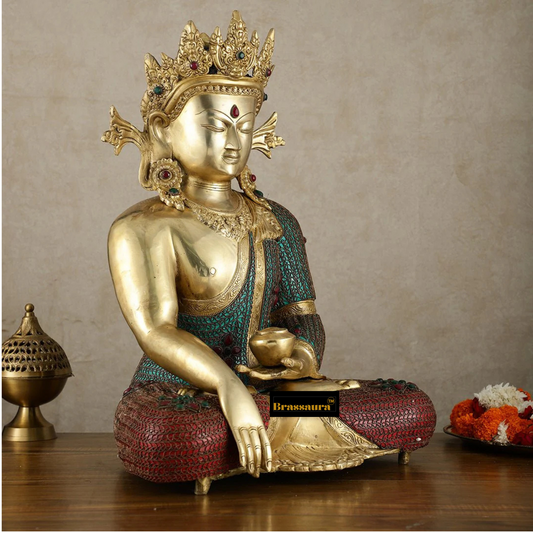 Brassaura™ Brass Crown Buddha Statue with Copper Wire Work – Height 22 Inches, Weight 23.78 Kgs