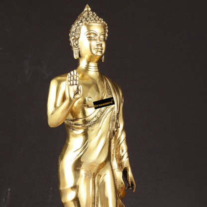 Brassaura™ Brass Standing Buddha Statue – Height 21.5 Inches & Weight 7.40 Kgs | Handcrafted Spiritual Decor for Home & Office