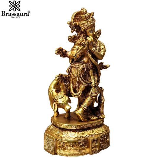 Brassaura® Lord Krishna Playing Flute with Sacred Cow Idol | Pure Superfine Brass Handcrafted Murti | Brass Statue for Home Temple, Pooja Room & Living Room | Height 13 Inches | Weight 4.7 Kgs