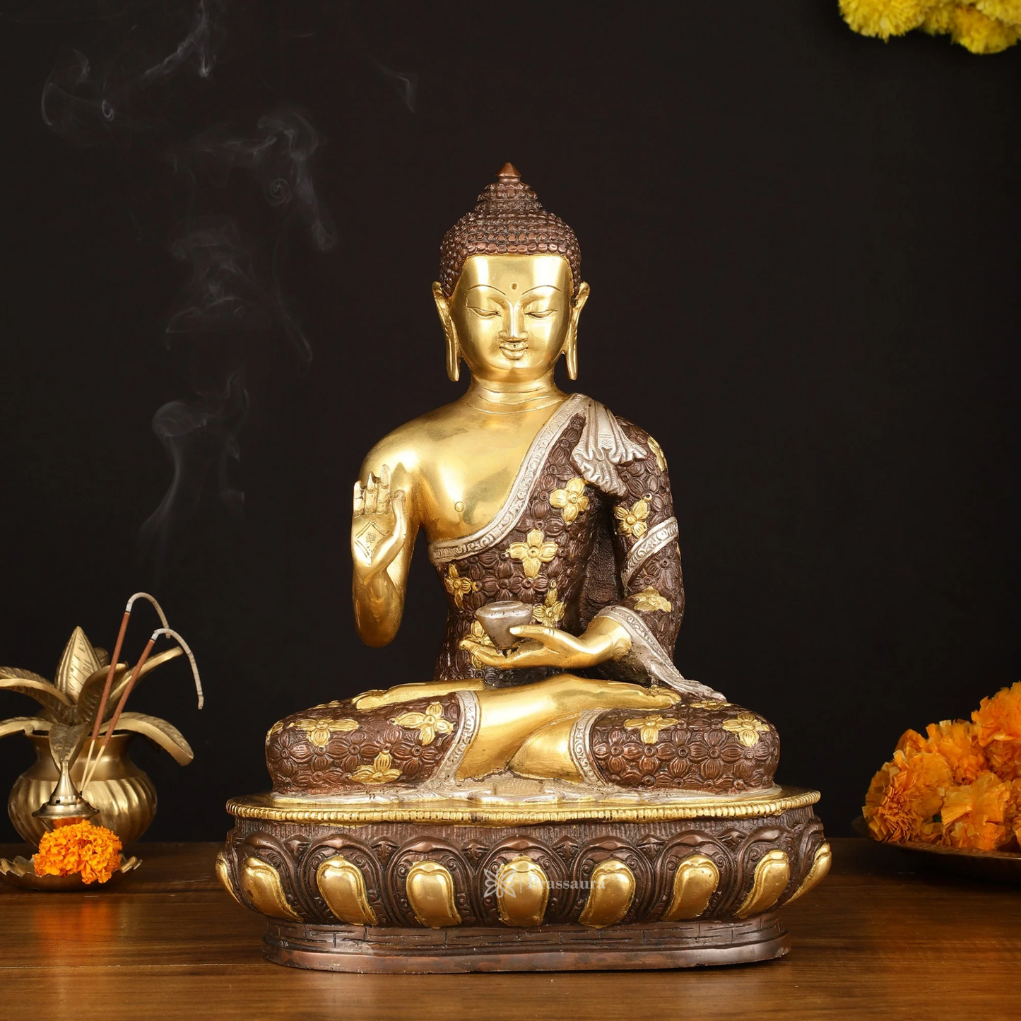 Brassaura™ Pure Brass Buddha Sculpture – Height 13 Inches, Weight 6.66 Kgs