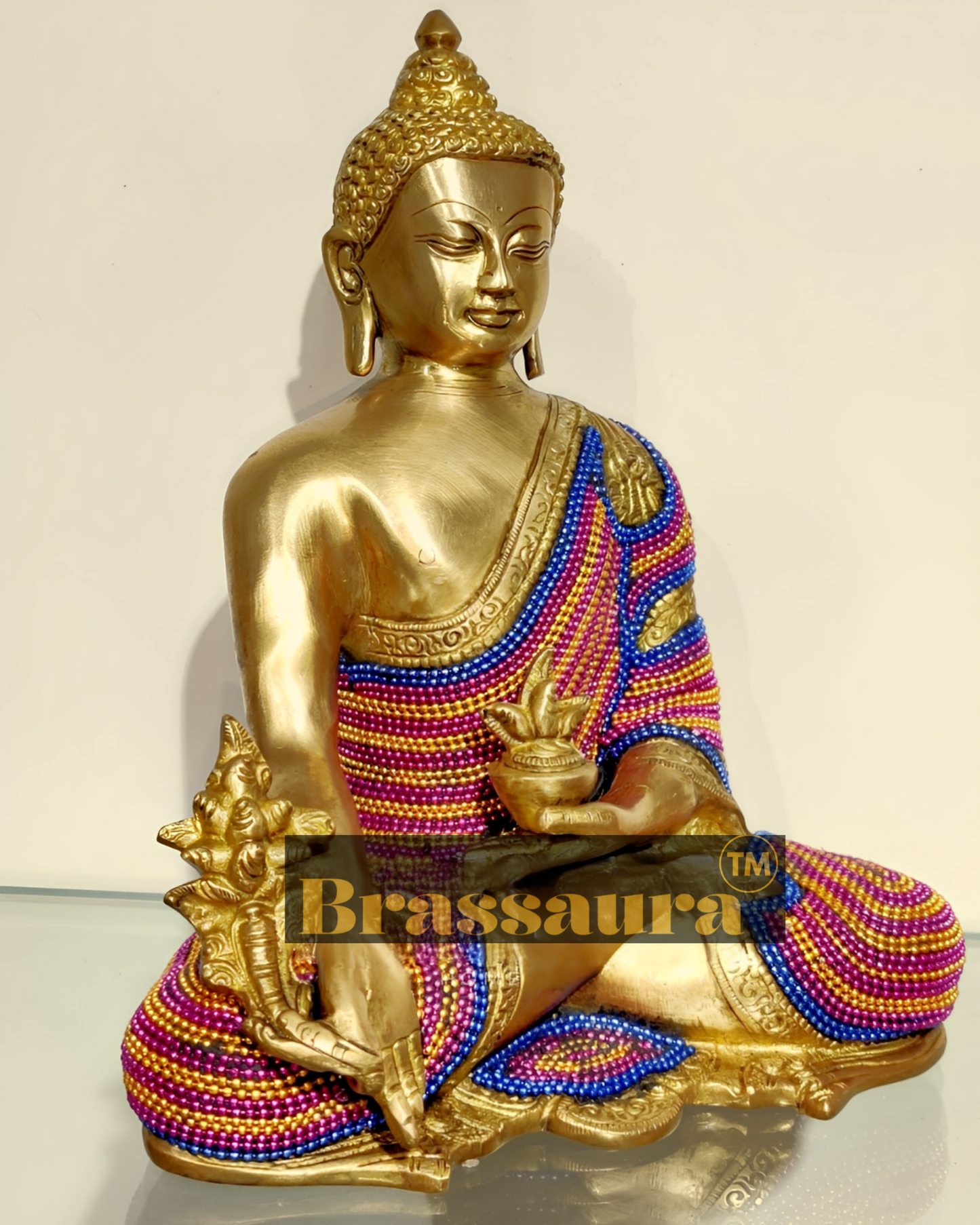 Brassaura™ Brass Premium Gem Stone Work Buddha Idol – Height 10.5 Inches & Weight 5 Kgs