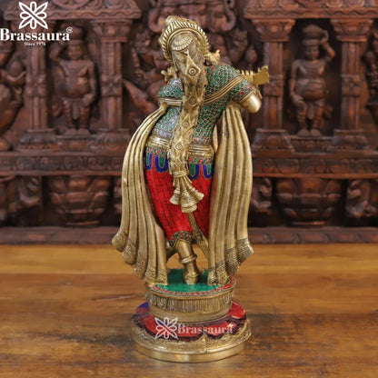 Brass Gem Stone Work Krishna Murti Weight 9.84 Kg And Height 18.5 Inch