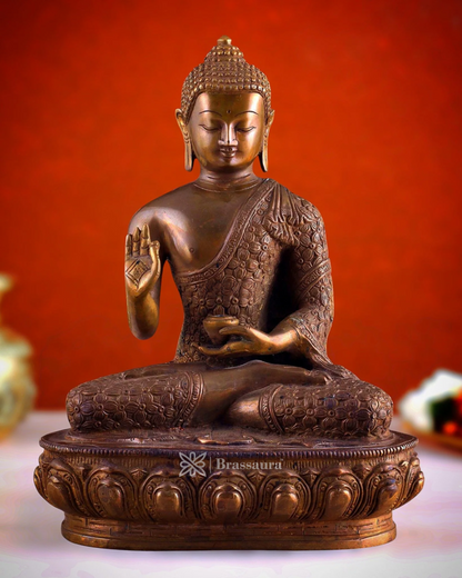 Brassaura™ Pure Brass Antique Buddha Blessing Statue – Height 13.5 Inches, Weight 6.8 Kgs