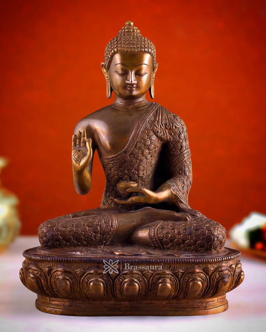 Brassaura™ Pure Brass Antique Buddha Blessing Statue – Height 13.5 Inches, Weight 6.8 Kgs