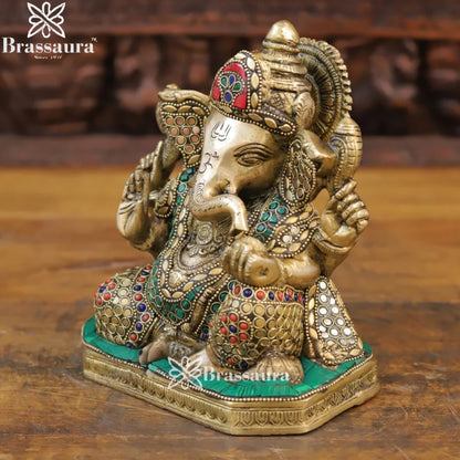 Brass Gem Stone Work Ganesha Weight 3.88 Kg & Height 7.5 Inch