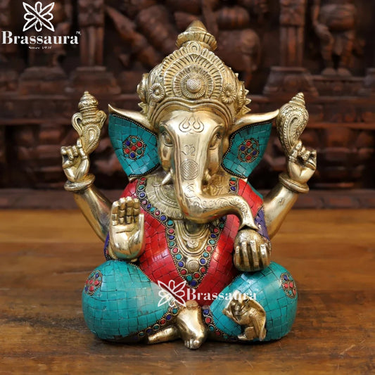 Brass Gem Stone Work Ganesha Weight 9.12 Kg & Height 12 Inch