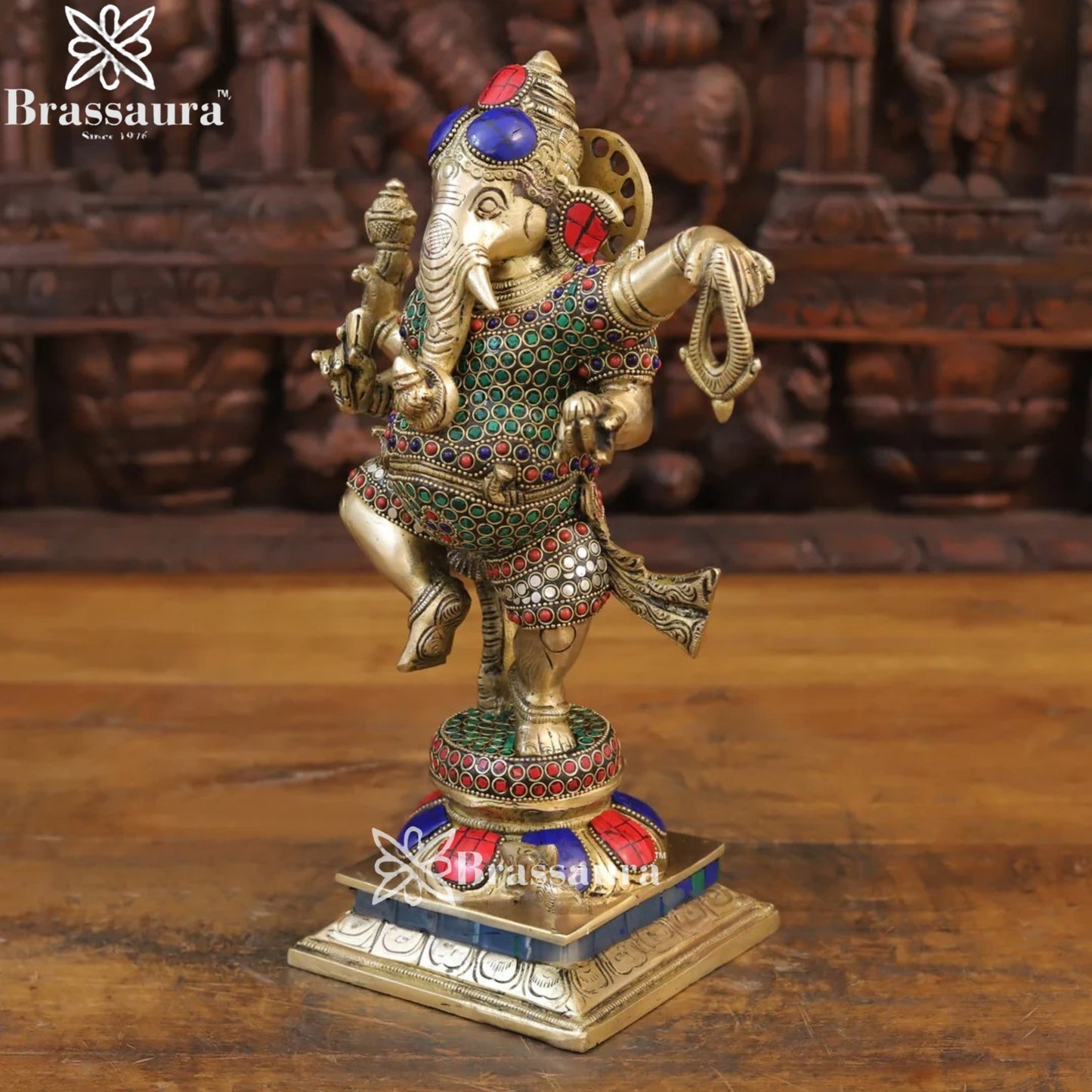 Brass Gem Stone Work Dancing Ganesha Weight 6 Kg & Height 13.5 Inch