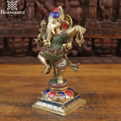 Brass Gem Stone Work Dancing Ganesha Weight 6 Kg & Height 13.5 Inch
