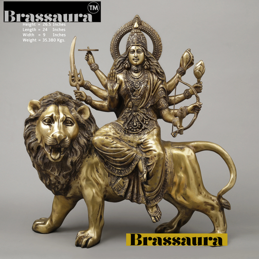 Brassaura® 26.5-Inch Brass Durga Idol – Majestic 8-Armed Goddess Seated on Lion with Golden Finish for Temple, Home & Gifting