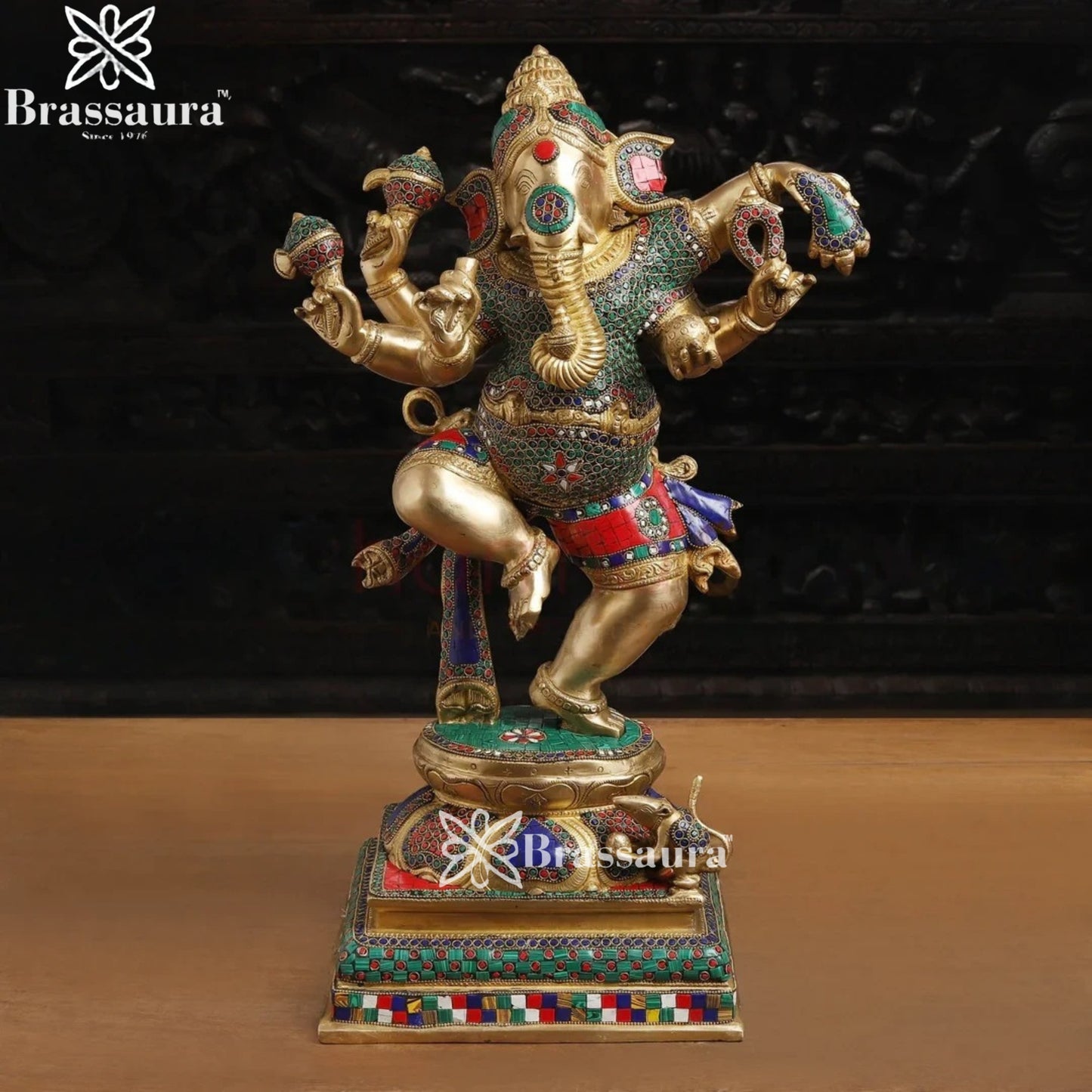 Brass Gem Stone Work Dancing Ganesha Weight 22.9 Kg & Height 24 Inch