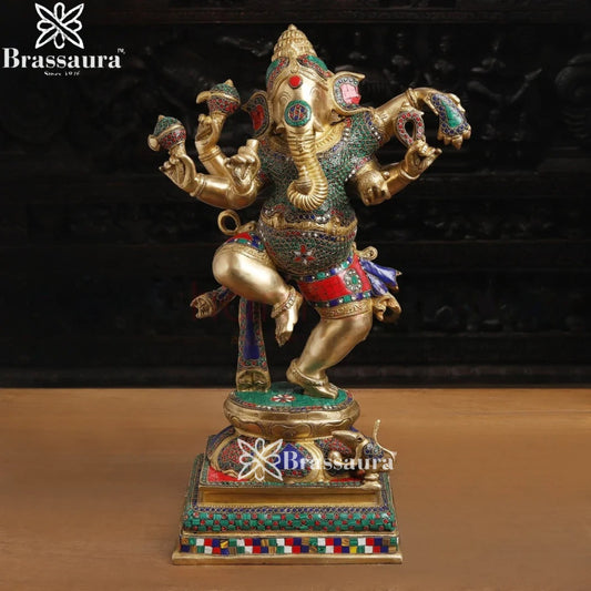 Brass Gem Stone Work Dancing Ganesha Weight 22.9 Kg & Height 24 Inch