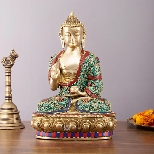 Brassaura™ Brass Buddha Statue with Stonework – Height 12 Inches, Weight 5.5 Kgs