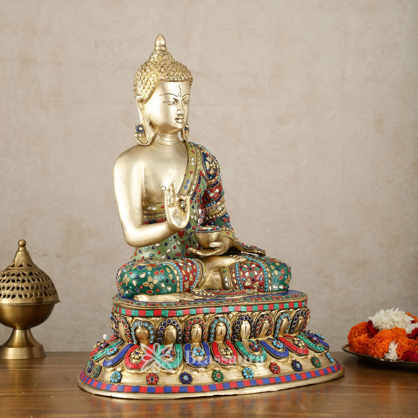 Brassaura™ Pure Brass Blessing Buddha Idol with Mosaic Floral Stonework – Height 20 Inches, Weight 19 Kgs