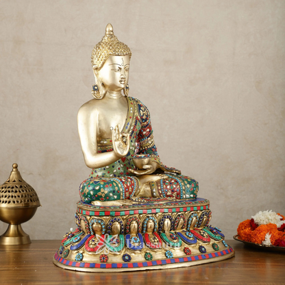 Brassaura™ Pure Brass Blessing Buddha Idol with Mosaic Floral Stonework – Height 20 Inches, Weight 19 Kgs