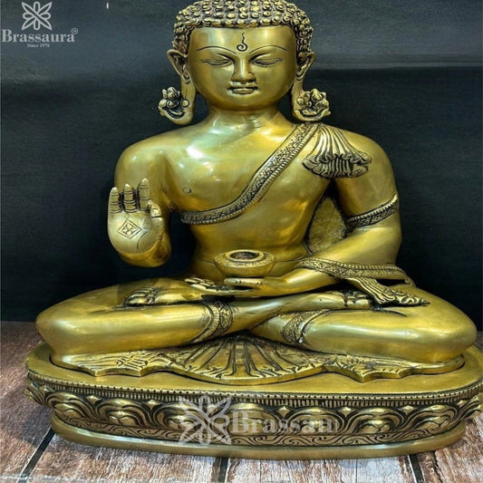Brassaura® Buddha Sitting in Blessing Mudra Idol with Antique Gold Finish and Base | Pure Superfine Brass Handcrafted Murti | Brass Statue for Home Temple, Pooja Room | Height 19 Inches | Weight 16.2 Kgs