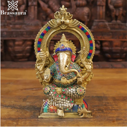 Brass Gem Stone Work Ring Ganesha Weight 4.32 Kg & Height 12 Inch