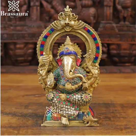 Brass Gem Stone Work Ring Ganesha Weight 4.32 Kg & Height 12 Inch