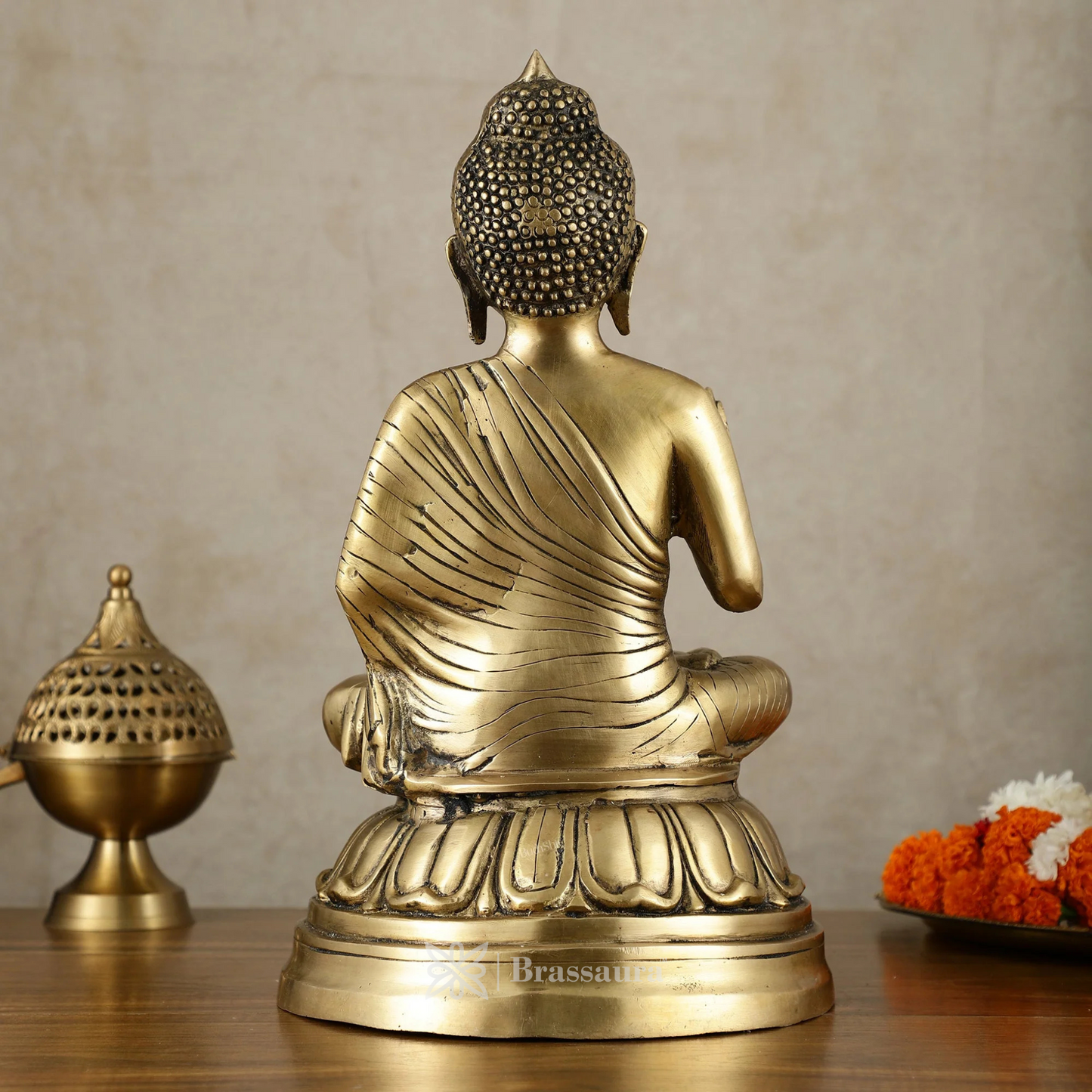 Brassaura™ Pure Brass Blessing Buddha Idol – Height 16 Inches, Weight 6.5 Kgs