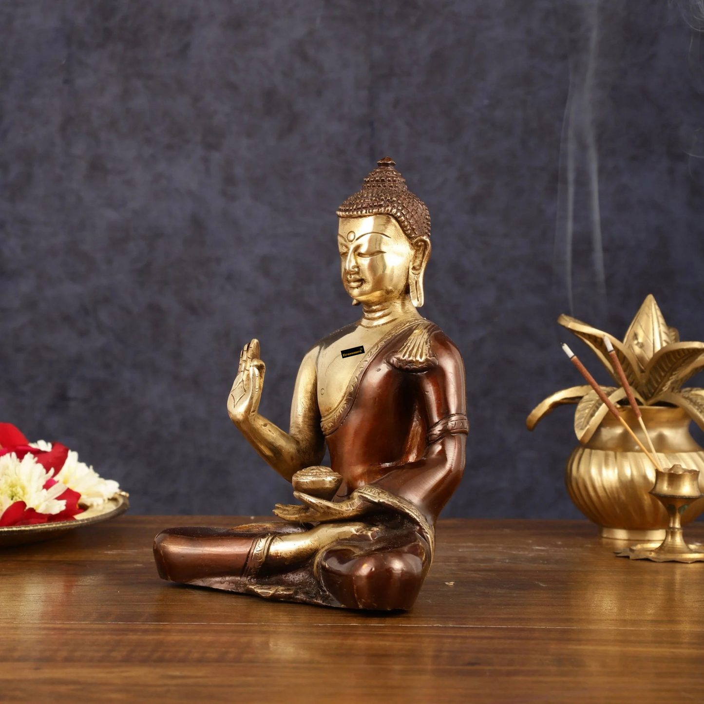Brassaura™ Pure Brass Blessing Buddha Idol in Dual Tone – Height 7.5 Inches, Weight 1.8 Kgs