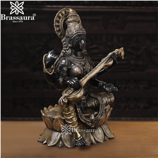 Brassaura™ Brass Saraswati Idol – Height 27 Inches & Weight 36.64 Kgs | Hindu Goddess Statue