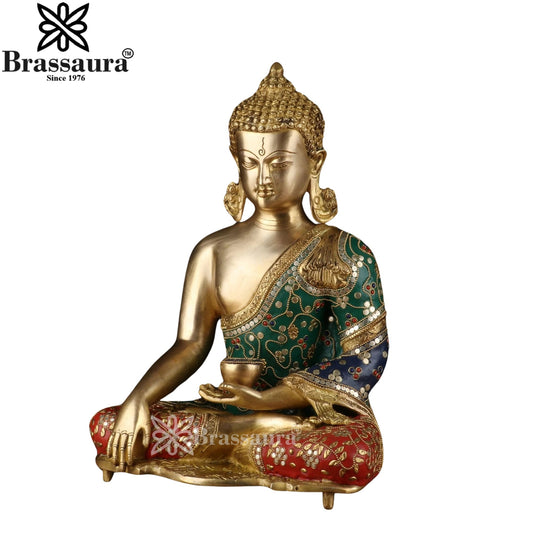 Brassaura® Buddha Bhumisparsha Mudra Sitting Idol with Green & Red Gem Stone Work and Antique Gold Finish | Pure Superfine Brass Handcrafted Murti | Brass Statue for Home Temple, Pooja Room | Height 15 Inches | Weight 10.5 Kgs