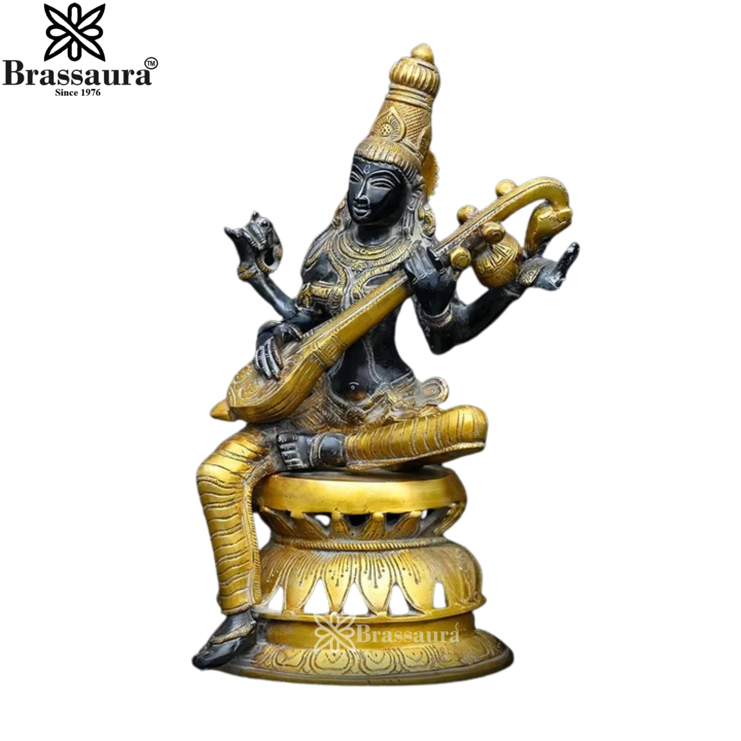 Brassaura™ Brass Saraswati Figurine – Height 12.2 Inches & Weight 4.59 Kgs | Artistic Goddess Statue