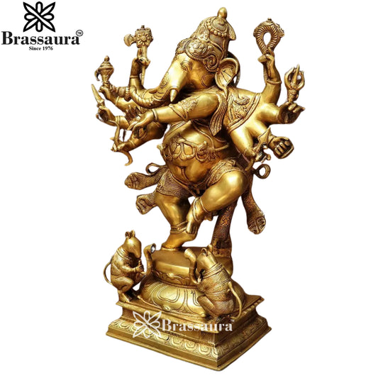 Brassaura® Dashabhuja Dancing Ganesha Brass Idol | Ten-Armed Divine Form | Height 26 Inches