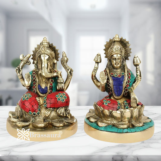 Brass Gem Stone Work Lakshmi Ganesh Weight 3.6 kg & Height 6.5 Inch