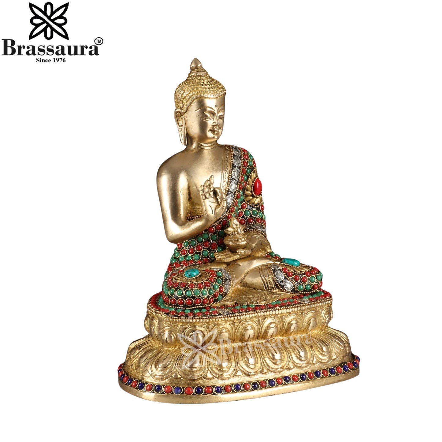 Brass Blessing Gem Stone Work Multicolored Buddha Weight 4.4 kg & Height 11 Inch