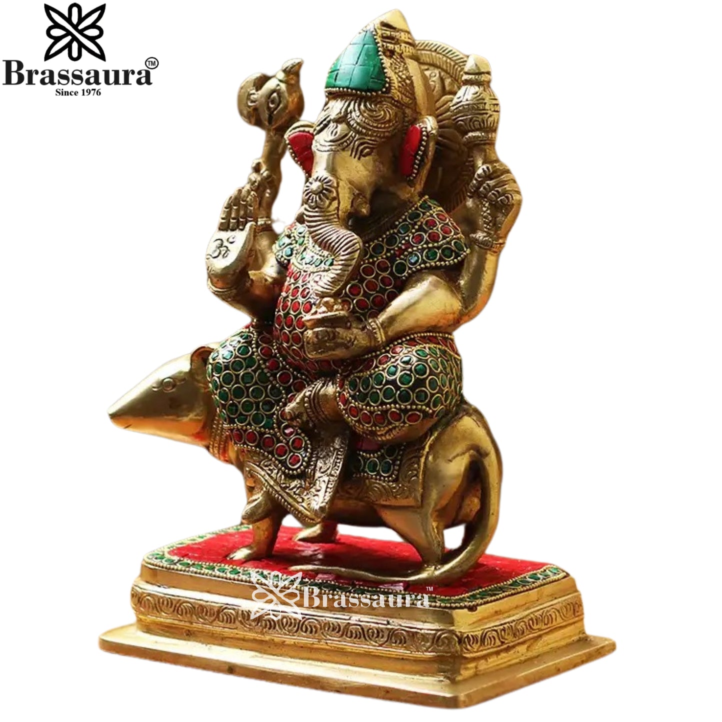 Brass Gem Stone Ganesha On Rat Statue Weight 4 Kg & Height 10 Inch