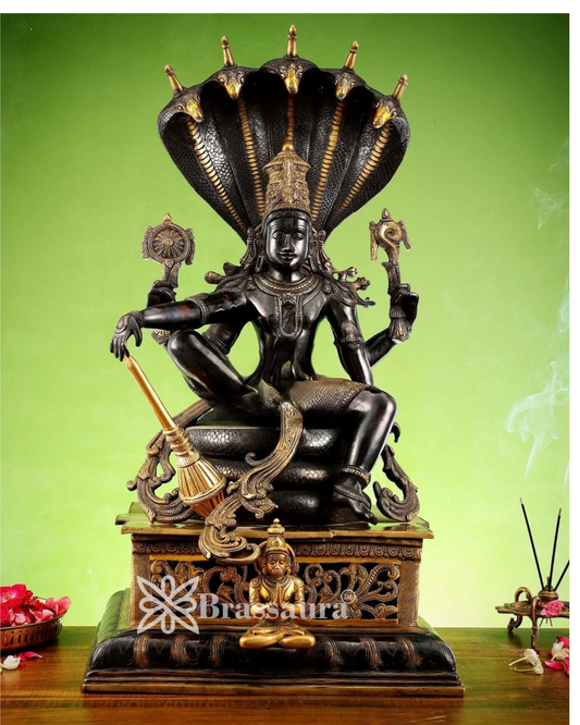 Brassaura® Superfine Brass Lord Vishnu Idol Seated on Engraved Pedestal with Sheshanaag and Hanuman | 29 Inch Height