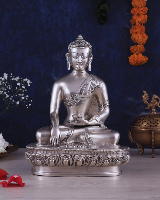 Brassaura™ Pure Brass Buddha Blessing Mudra Statue – Height 10 Inches, Weight 3.61 Kgs