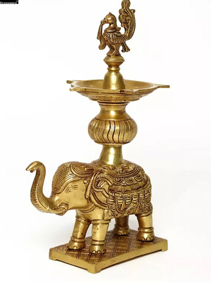 Brassaura™ Peacock Oil Lamp on Elephant Stand Brass Statue – Height 11.81 inches | Weight 2.62 kgs