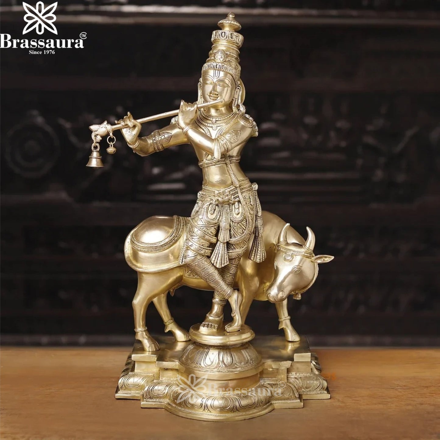 Brass Royal Gold Cow Krishna Murti Weight 27.78 Kg And Height 26 Inch