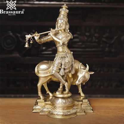 Brass Royal Gold Cow Krishna Murti Weight 27.78 Kg And Height 26 Inch