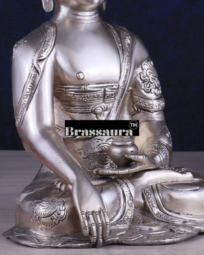 Brassaura™ Silver-Plated Brass Buddha Idol in Abhaya Mudra – Height 10 Inches, Weight 2.8 Kgs